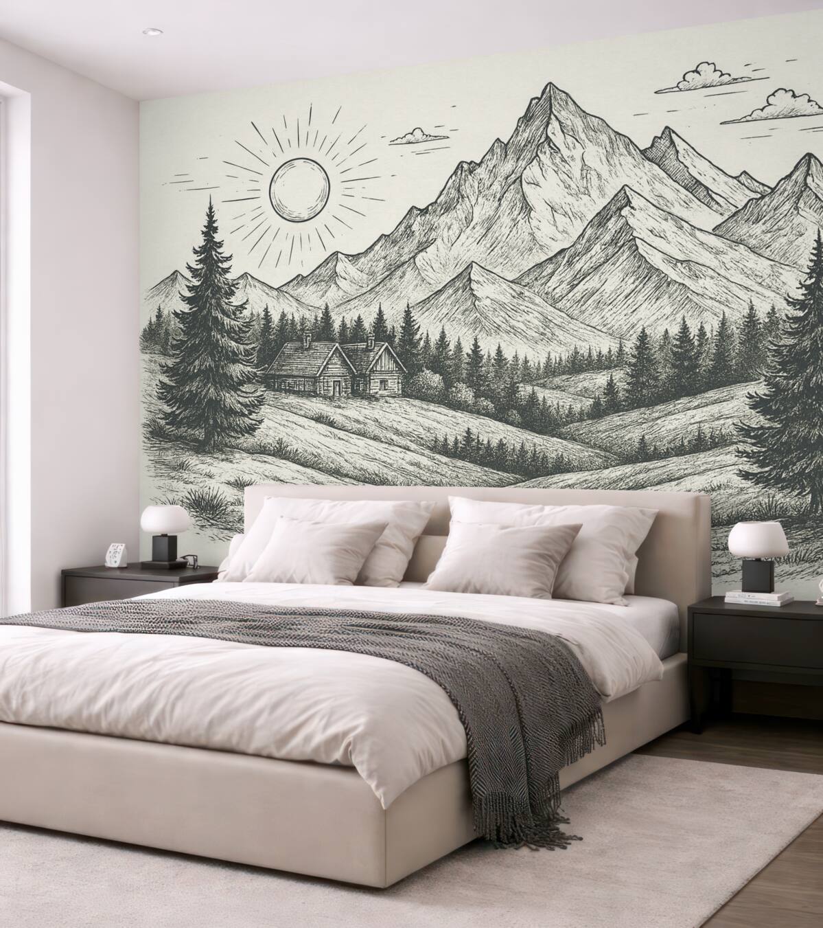 Fototapeta Obraz gór, pejzaże przyrody, las, drewniane chaty, zieleń.