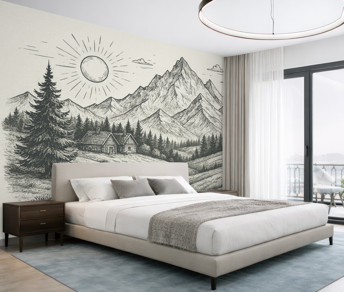 Fototapeta Obraz gór, pejzaże przyrody, las, drewniane chaty, zieleń.