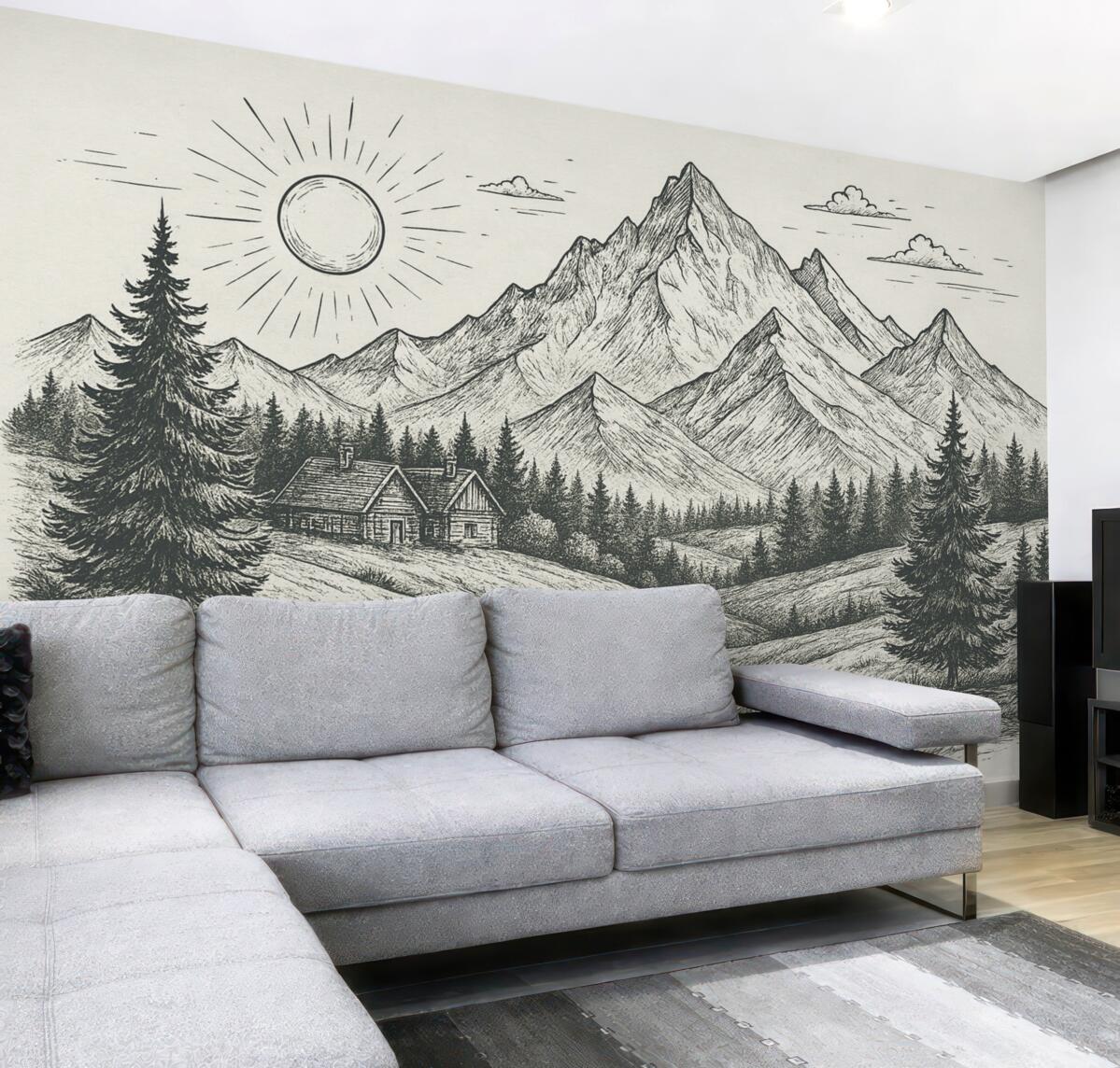 Fototapeta Obraz gór, pejzaże przyrody, las, drewniane chaty, zieleń.