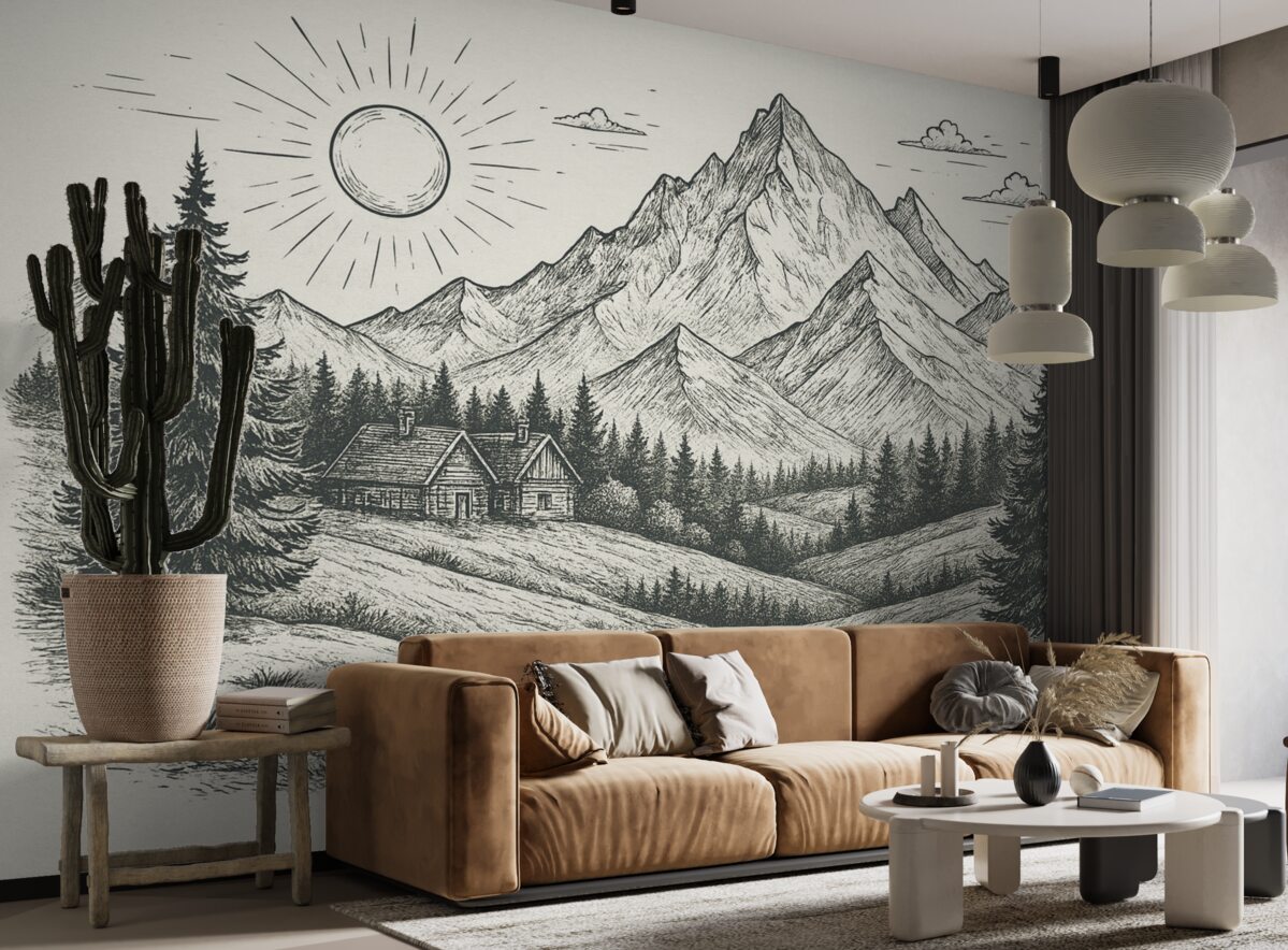 Fototapeta Obraz gór, pejzaże przyrody, las, drewniane chaty, zieleń.