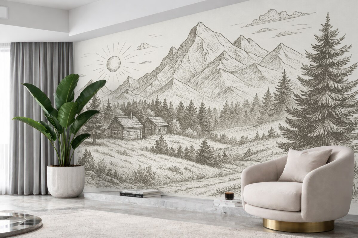 Fototapeta Obraz gór, pejzaże przyrody, lasy, drewniane chaty, odcień beżowy.