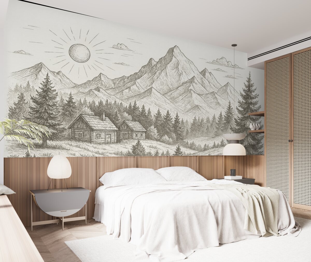 Fototapeta Obraz gór, pejzaże przyrody, lasy, drewniane chaty, odcień beżowy.