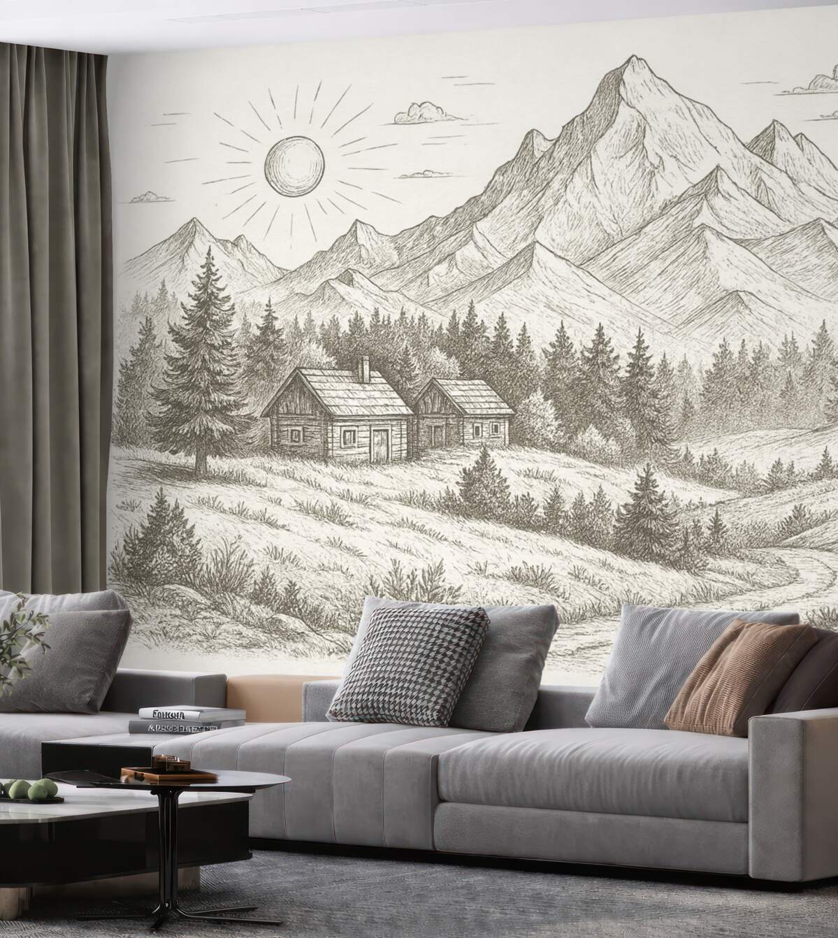 Fototapeta Obraz gór, pejzaże przyrody, lasy, drewniane chaty, odcień beżowy.