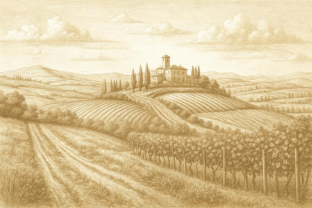 Fototapeta Pejzaże Toskanii, Włochy, winnice, natura, stary zamek, jasne odcienie.