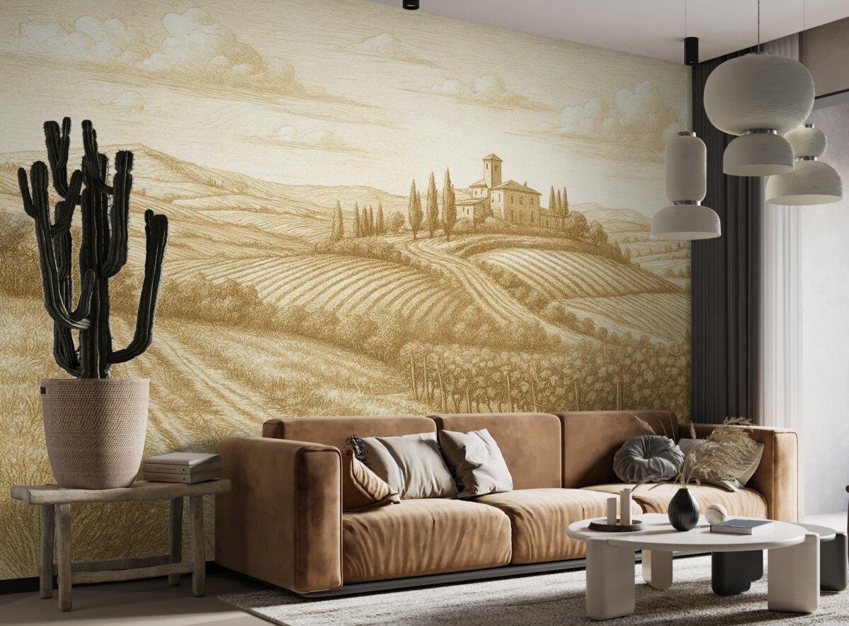 Fototapeta Pejzaże Toskanii, Włochy, winnice, natura, stary zamek, jasne odcienie.