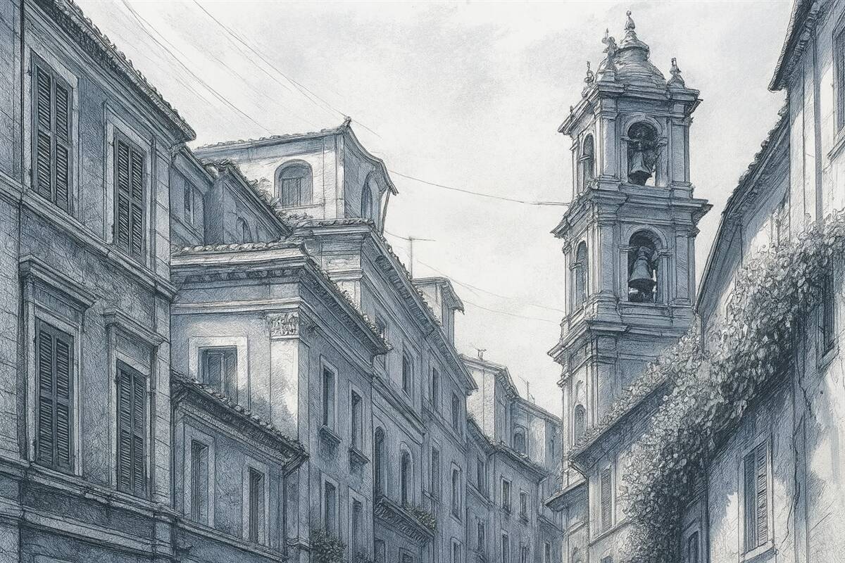 Fototapeta Ulica śródziemnomorska, kapliczka, budownictwo, szarości i odcienie niebieskiego.