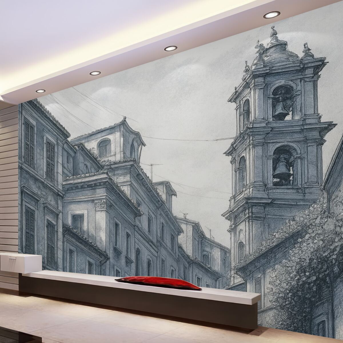 Fototapeta Ulica śródziemnomorska, kapliczka, budownictwo, szarości i odcienie niebieskiego.