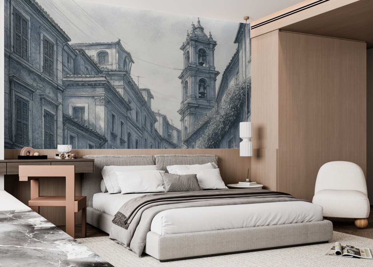 Fototapeta Ulica śródziemnomorska, kapliczka, budownictwo, szarości i odcienie niebieskiego.