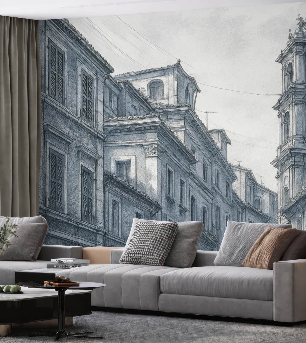 Fototapeta Ulica śródziemnomorska, kapliczka, budownictwo, szarości i odcienie niebieskiego.