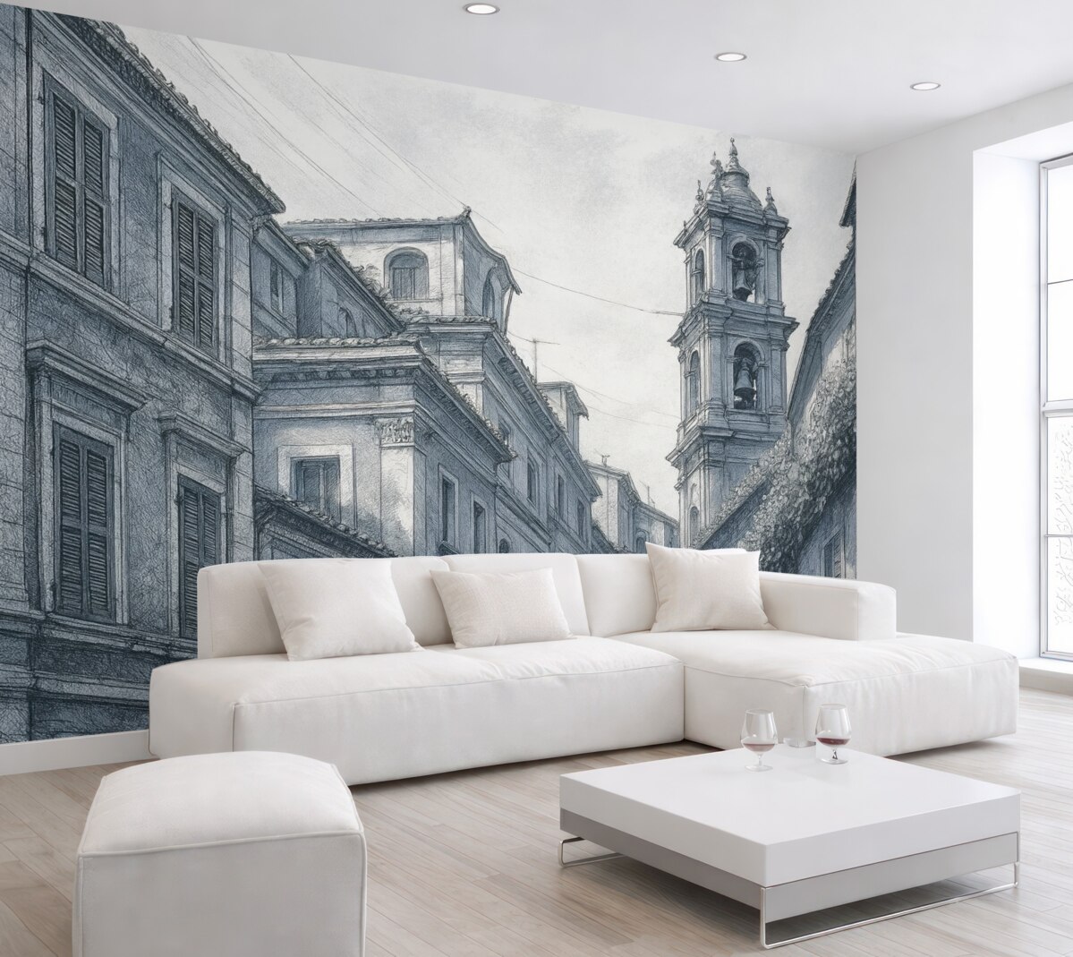 Fototapeta Ulica śródziemnomorska, kapliczka, budownictwo, szarości i odcienie niebieskiego.