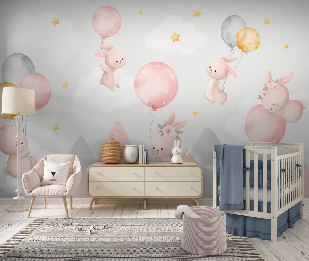 Fototapeta Zajączki z balonami na chmurach pośród górskich wzniesień.