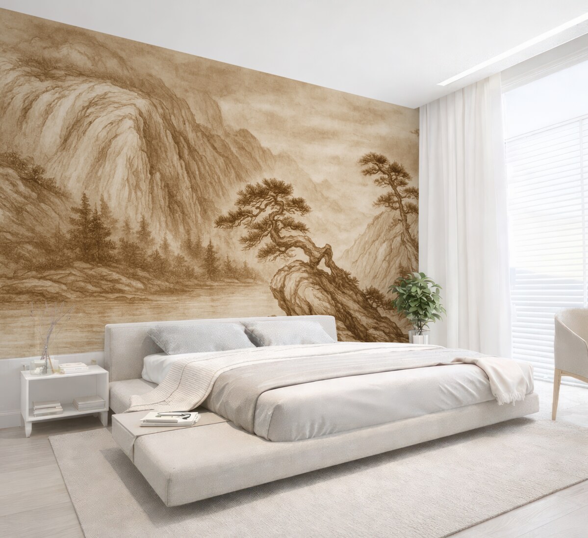 Fototapeta Klasyczna chińska monochromatyczna grafika pejzażu z górami, drzewami i mgłą.