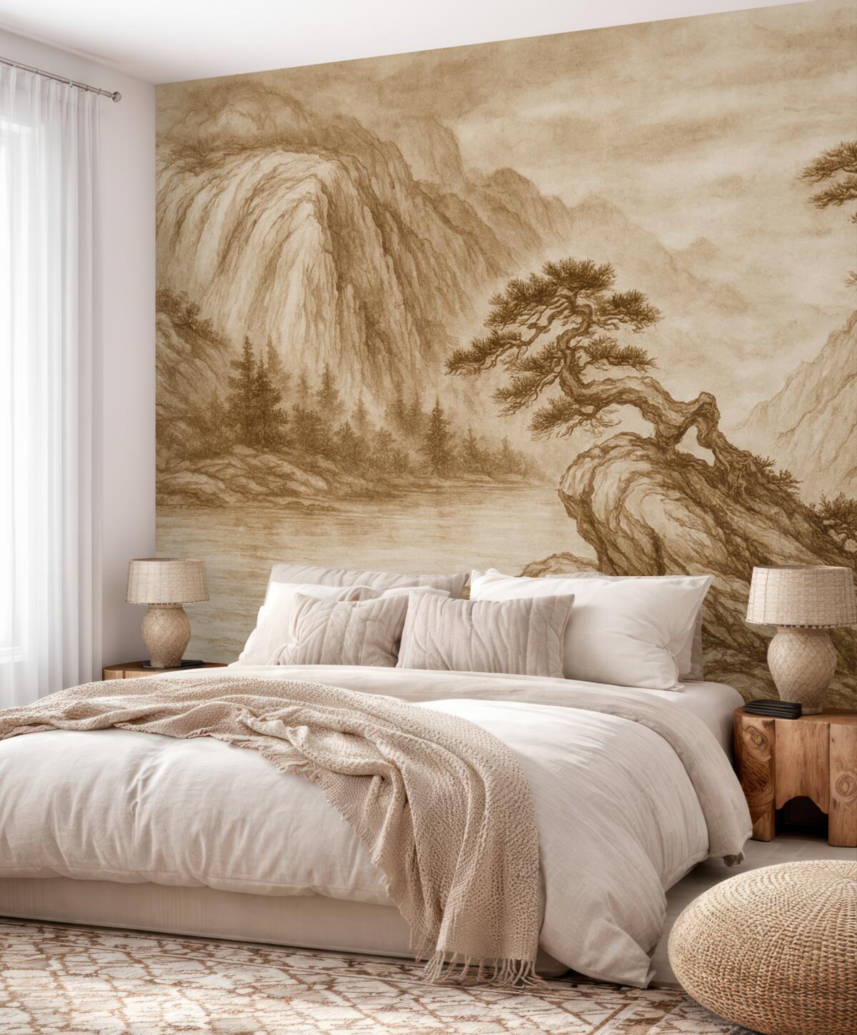 Fototapeta Klasyczna chińska monochromatyczna grafika pejzażu z górami, drzewami i mgłą.