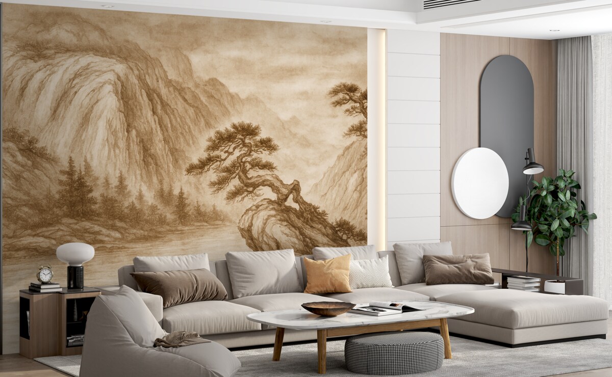 Fototapeta Klasyczna chińska monochromatyczna grafika pejzażu z górami, drzewami i mgłą.