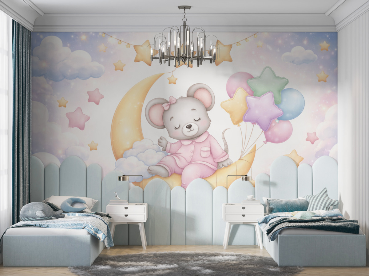 Fototapeta Urokliwa grafika ukazująca drzemiącą małą myszkę na Księżycu, otoczoną gwiazdami, chmurami i balonikami.