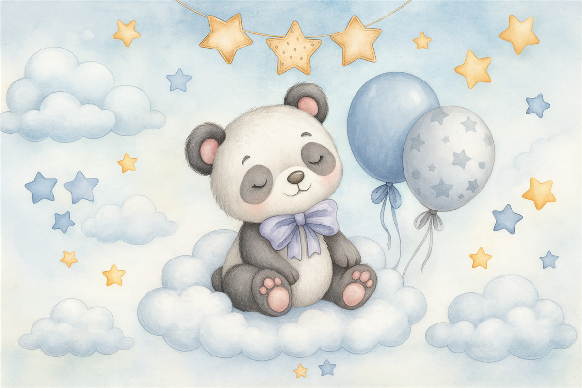 Fototapeta Urzekająca grafika ukazująca małą pandę siedzącą na obłoku, otoczoną gwiazdami, balonami oraz puszystymi chmurami.