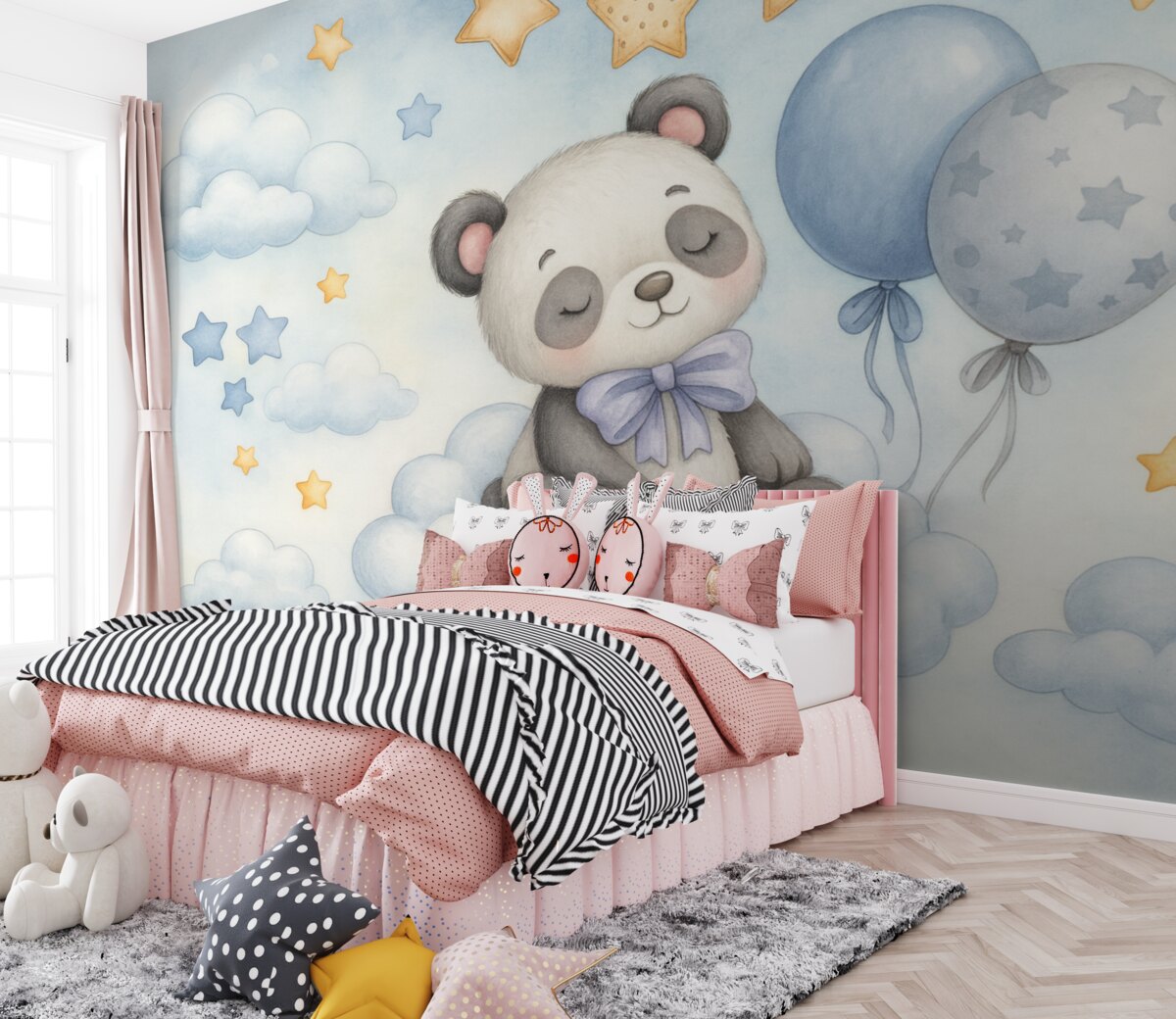 Fototapeta Urzekająca grafika ukazująca małą pandę siedzącą na obłoku, otoczoną gwiazdami, balonami oraz puszystymi chmurami.