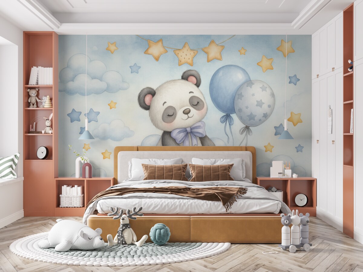 Fototapeta Urzekająca grafika ukazująca małą pandę siedzącą na obłoku, otoczoną gwiazdami, balonami oraz puszystymi chmurami.