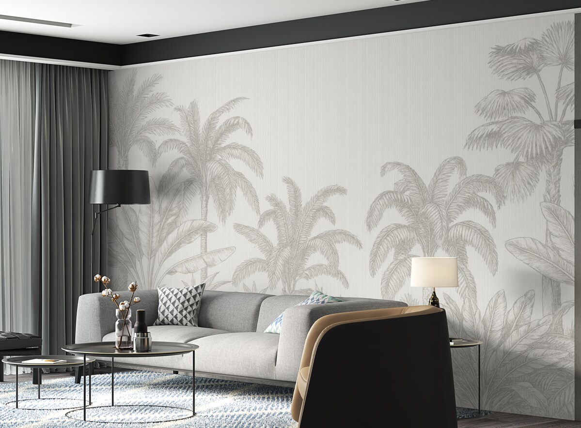 Fototapeta Wintage grafika tropikalnych roślin oraz palm na tkaninowym tle.