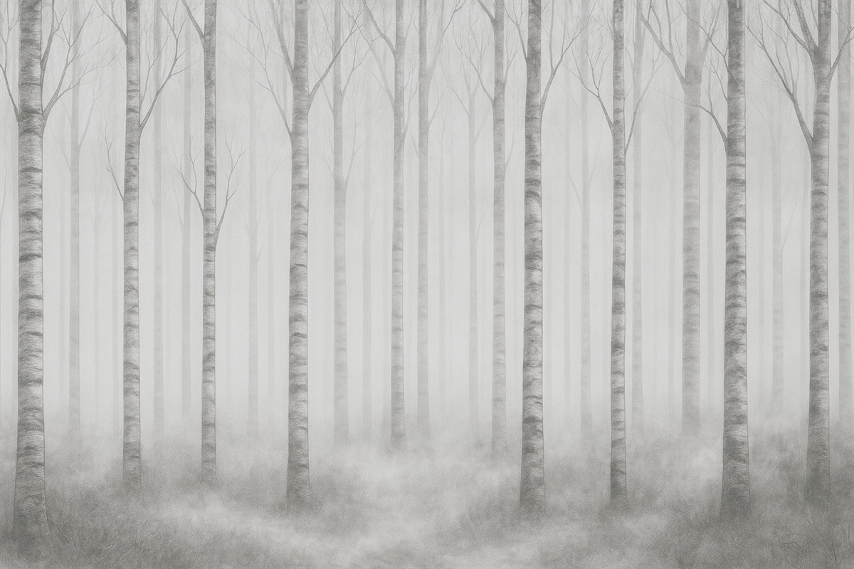 Fototapeta Pnie drzew w mgle w odcieniach szarości.