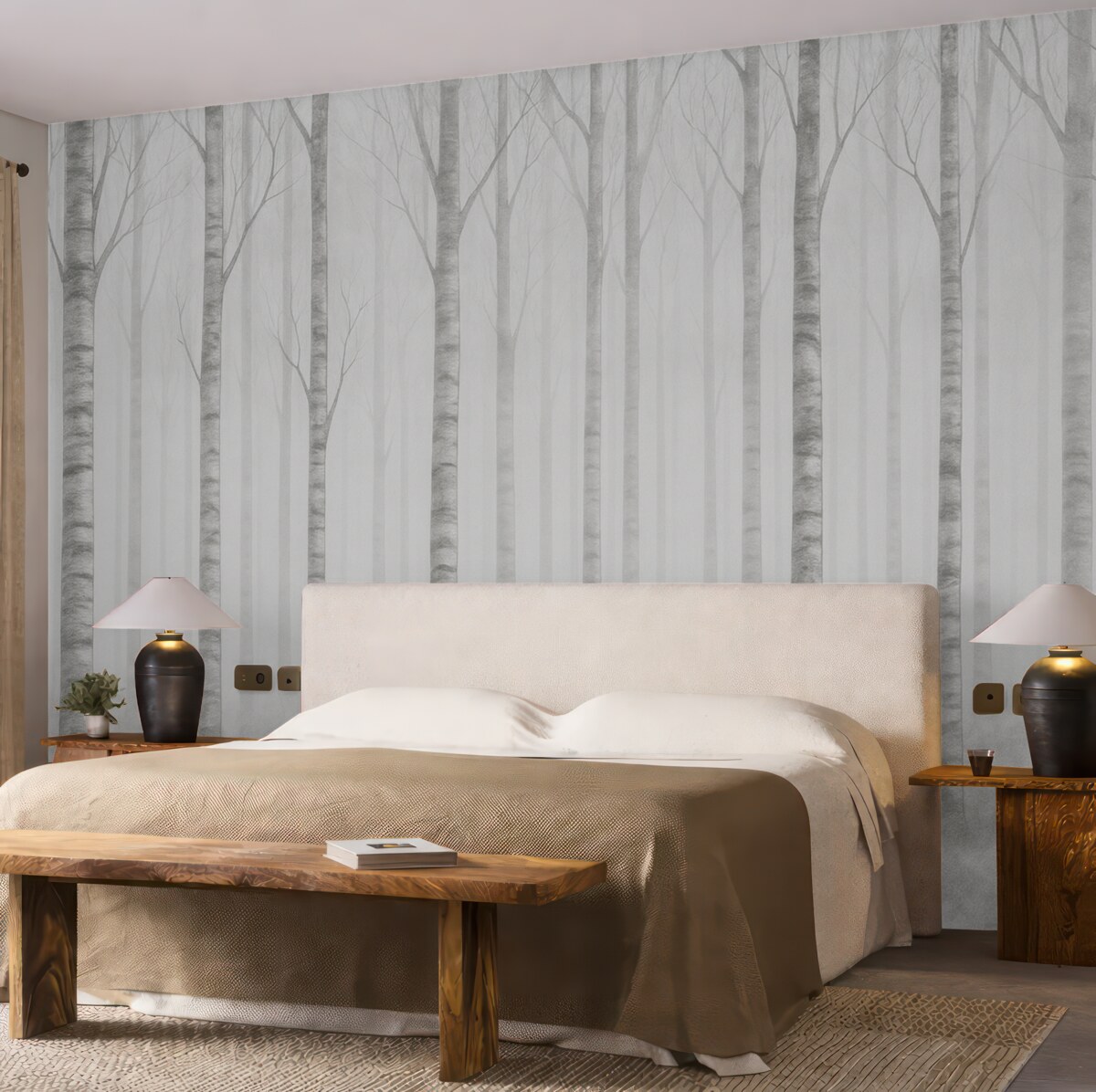 Fototapeta Pnie drzew w mgle w odcieniach szarości.