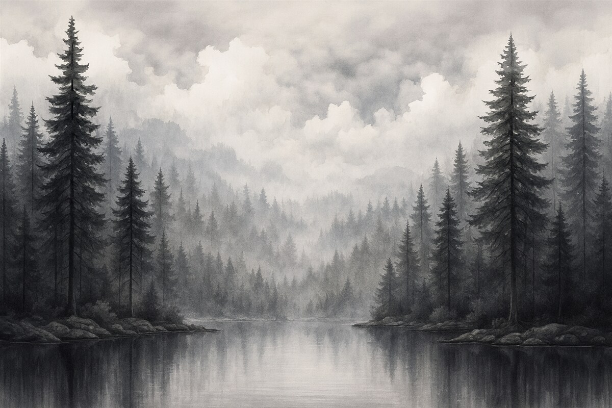 Fototapeta Lasy, akwenu i pochmurne niebo w stylu akwarelowym.