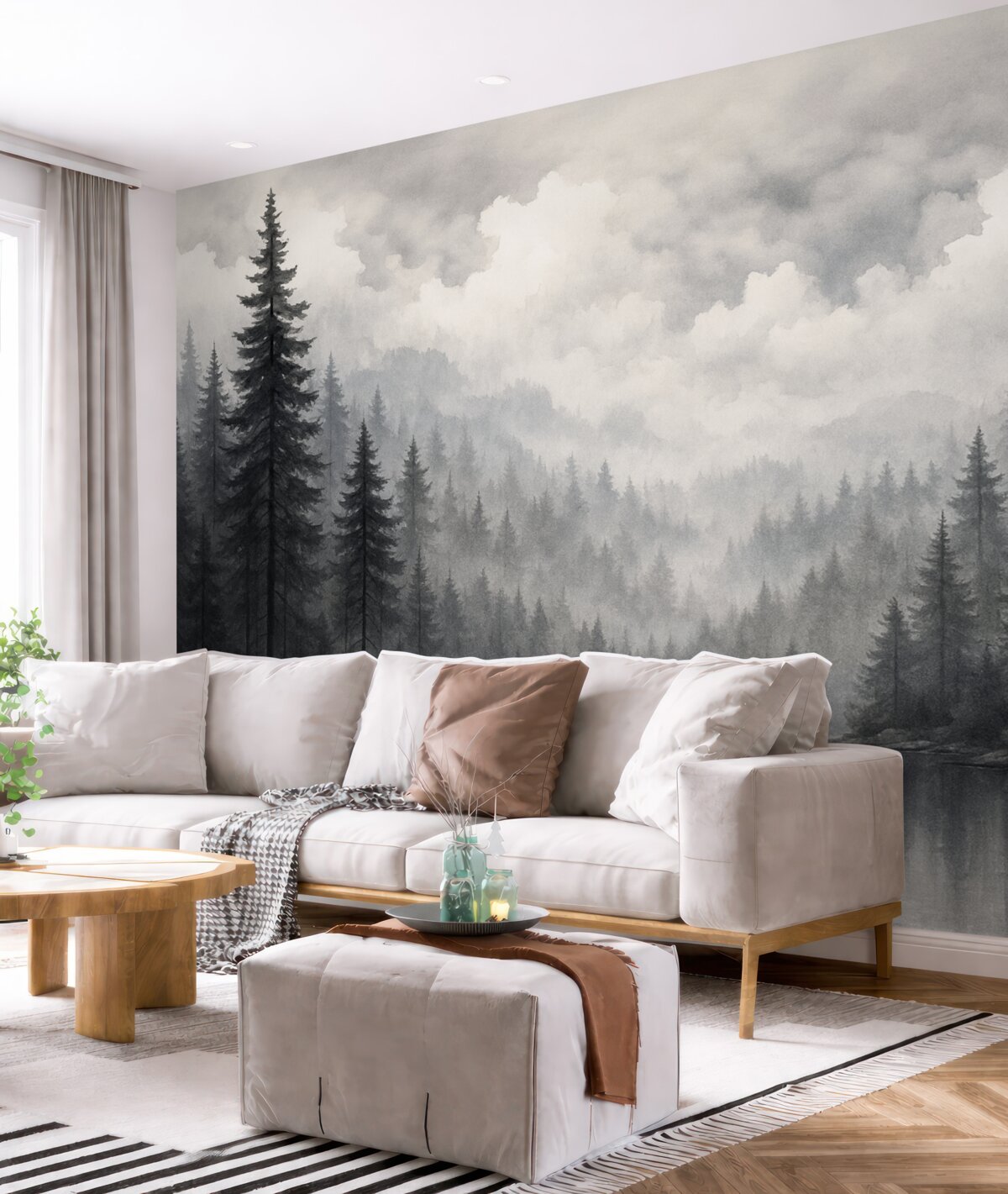 Fototapeta Lasy, akwenu i pochmurne niebo w stylu akwarelowym.