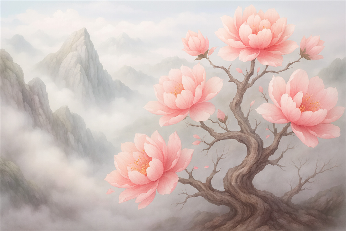 Fototapeta Łyse drzewo z wielkimi kwiatami na stoku góry.