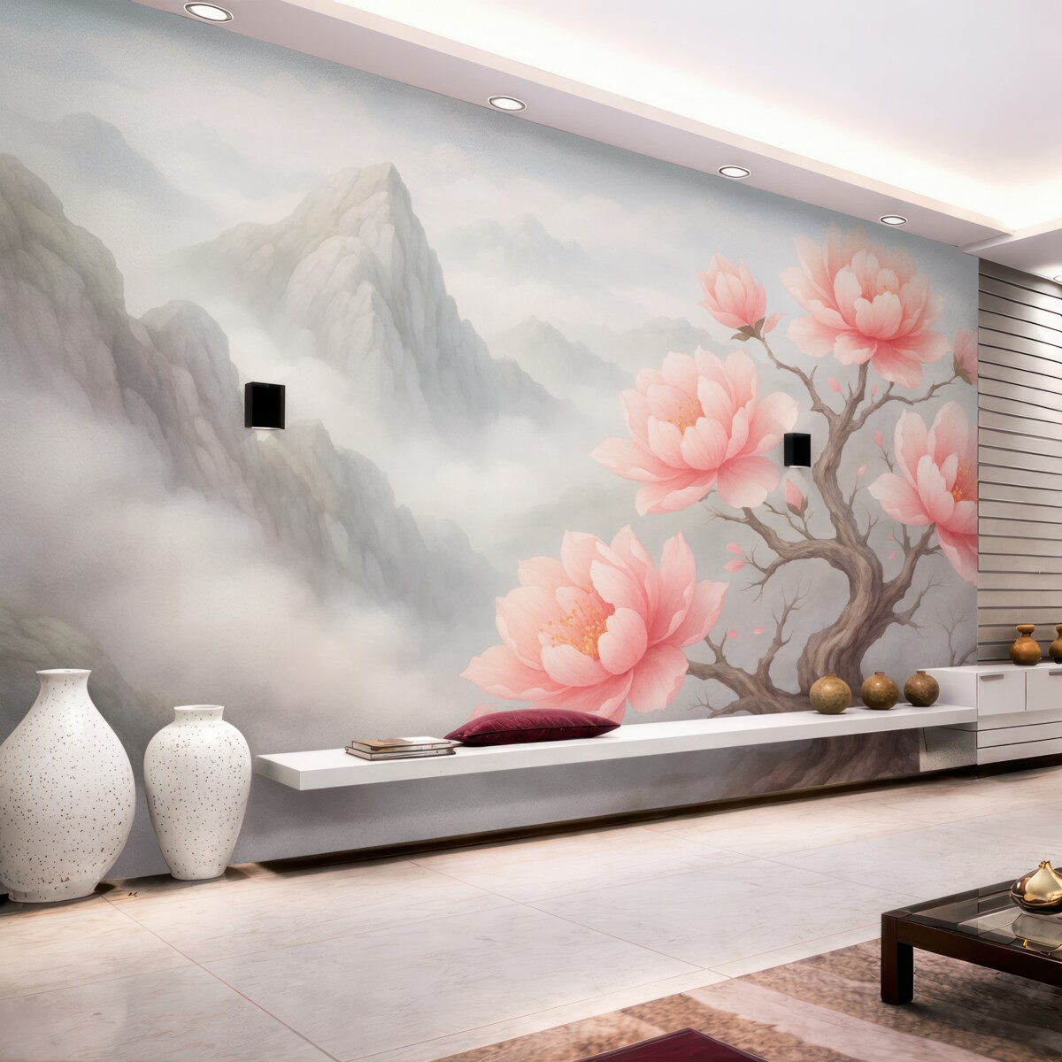 Fototapeta Łyse drzewo z wielkimi kwiatami na stoku góry.