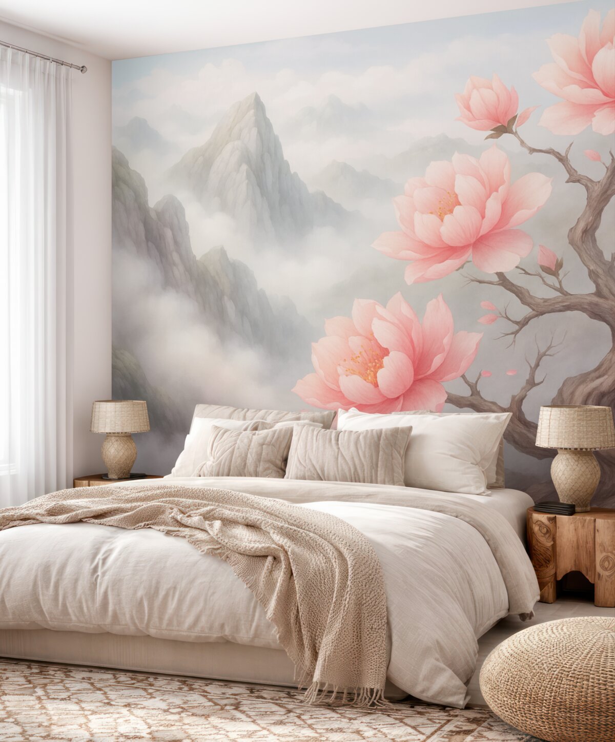 Fototapeta Łyse drzewo z wielkimi kwiatami na stoku góry.