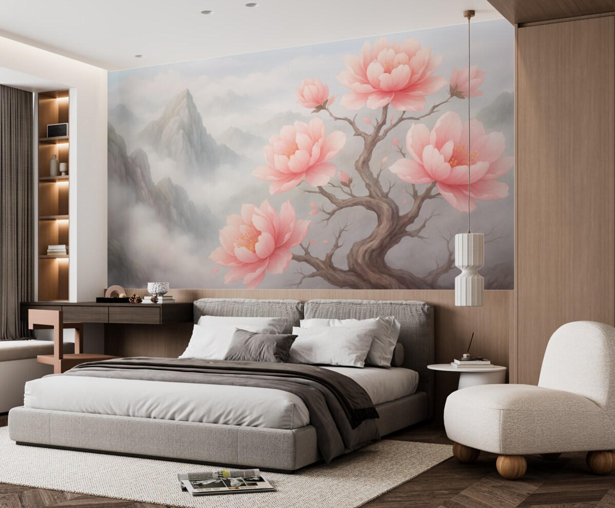 Fototapeta Łyse drzewo z wielkimi kwiatami na stoku góry.