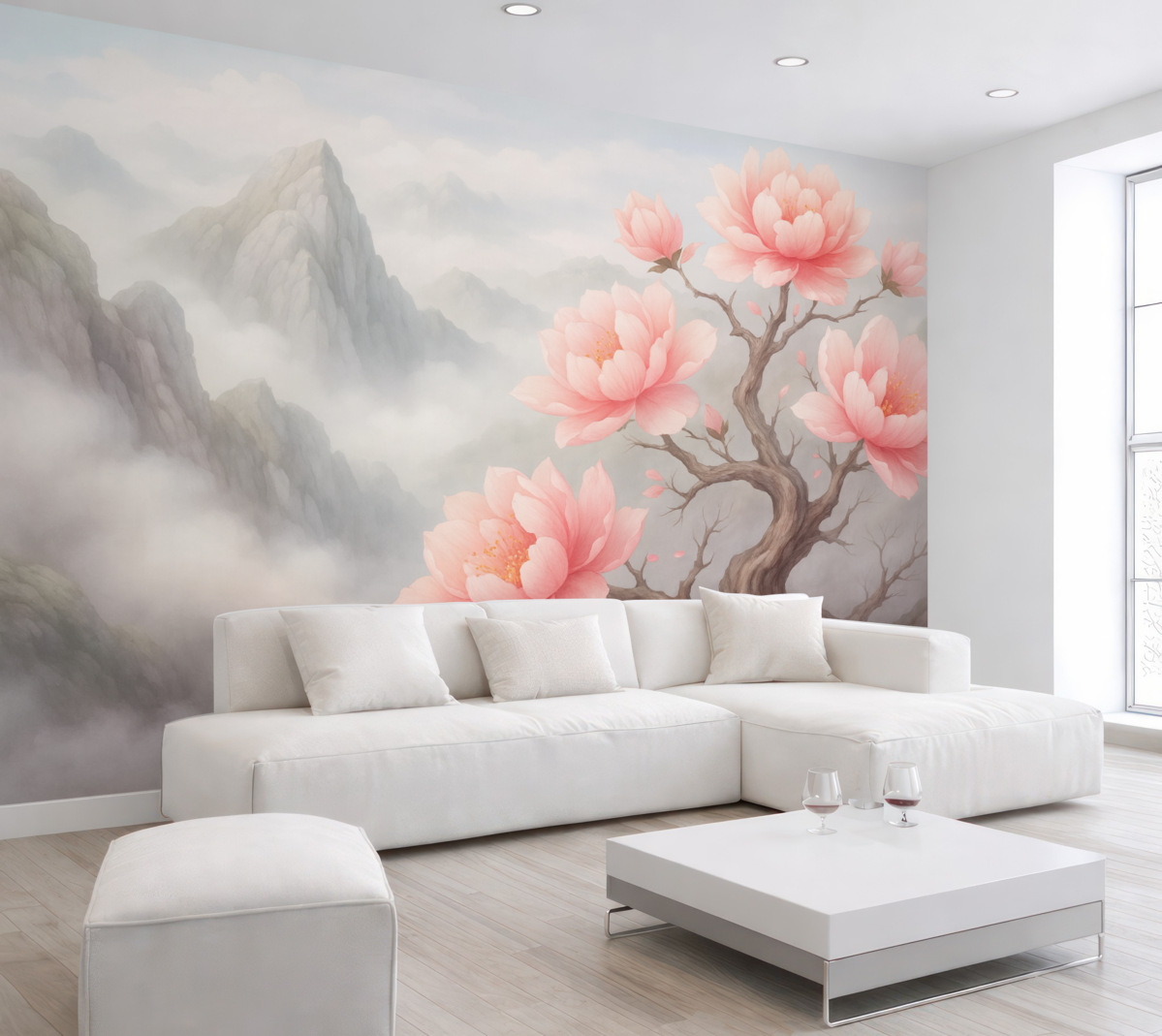 Fototapeta Łyse drzewo z wielkimi kwiatami na stoku góry.