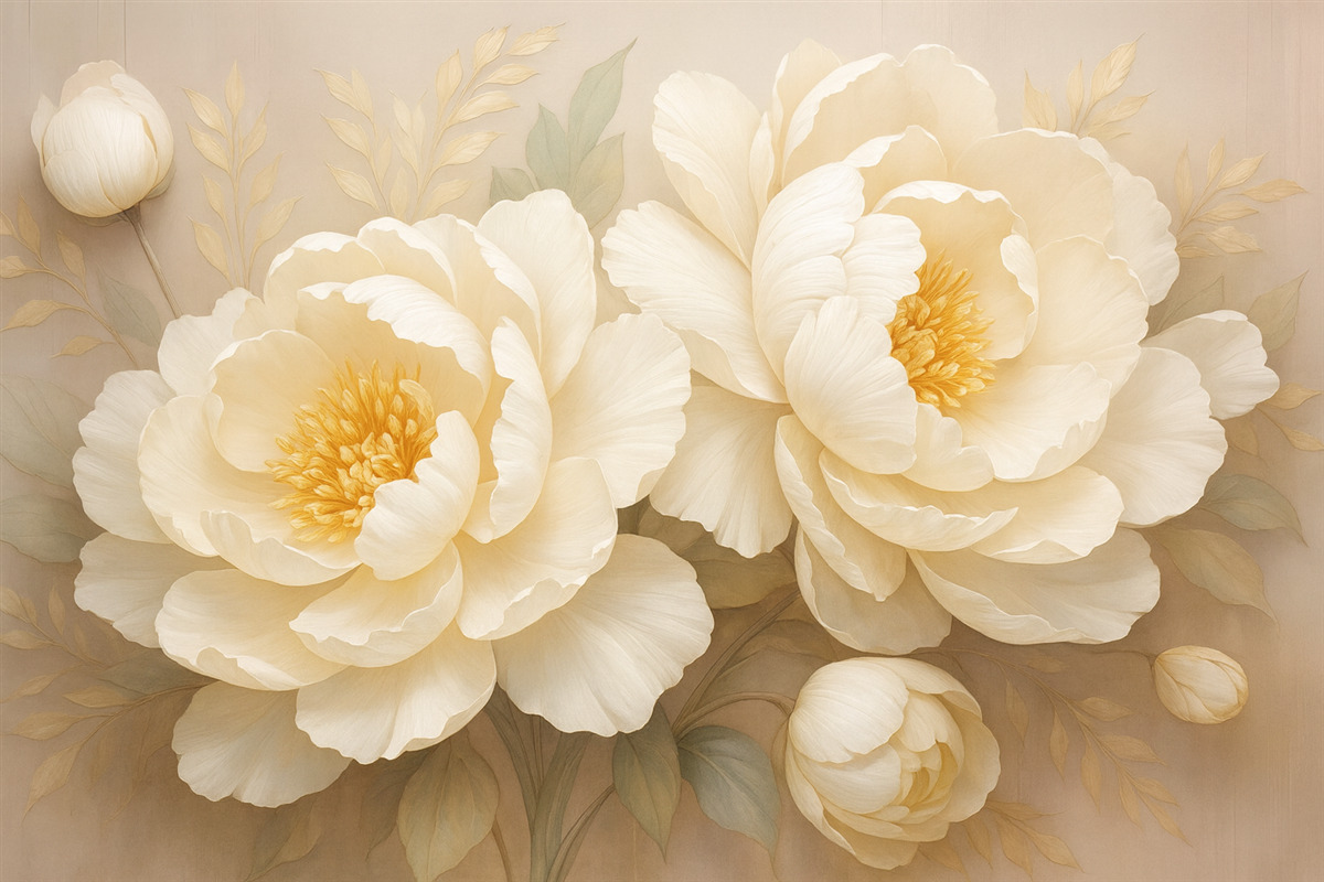 Fototapeta Kwitnące kwiaty piwonii w jasnych, beżowych odcieniach.