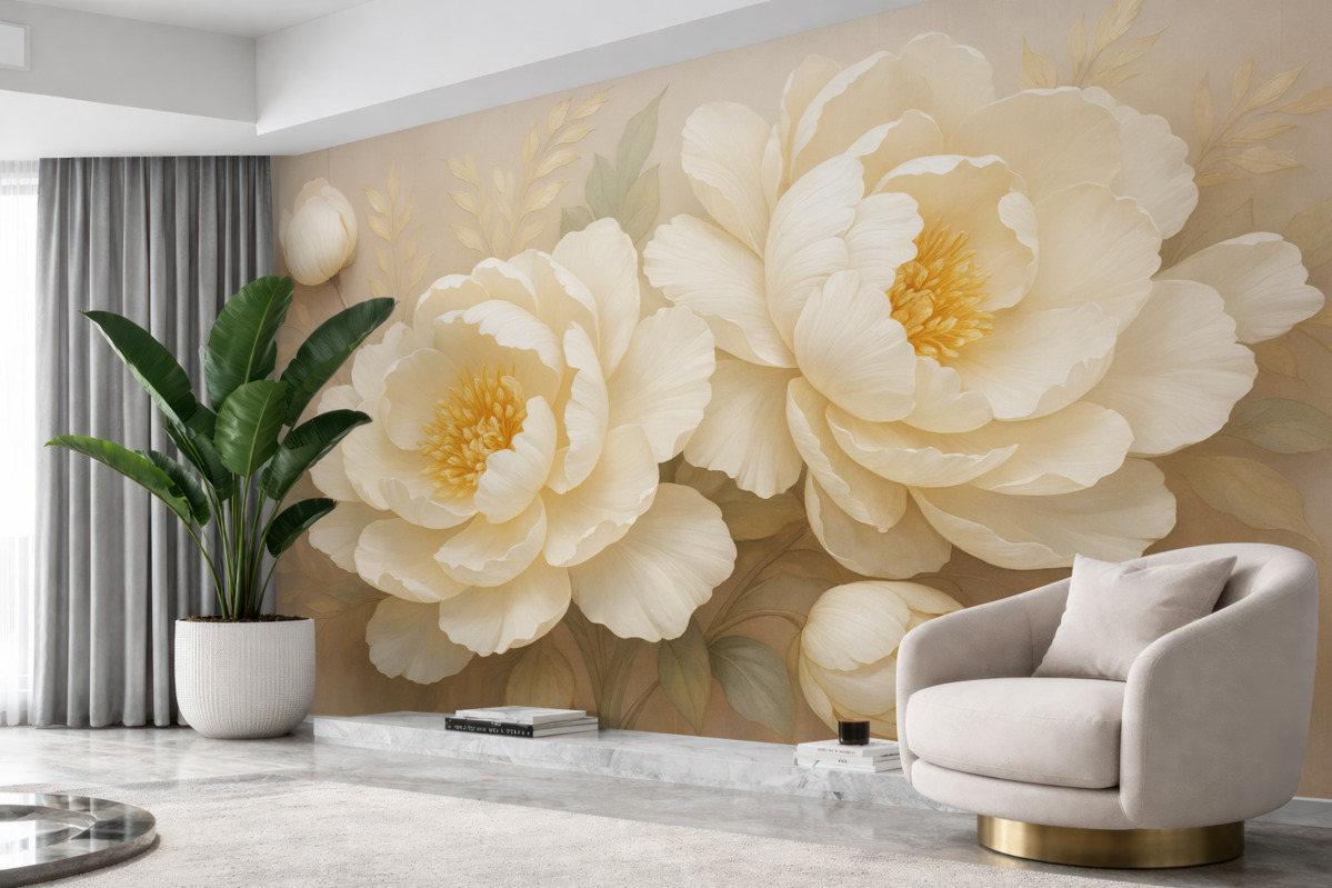 Fototapeta Kwitnące kwiaty piwonii w jasnych, beżowych odcieniach.