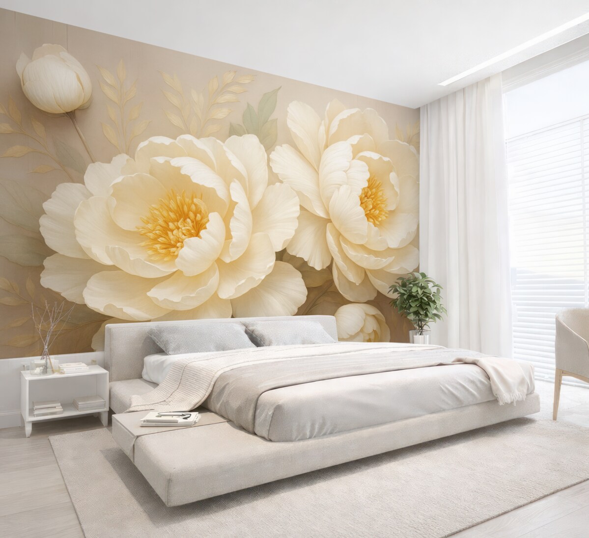 Fototapeta Kwitnące kwiaty piwonii w jasnych, beżowych odcieniach.