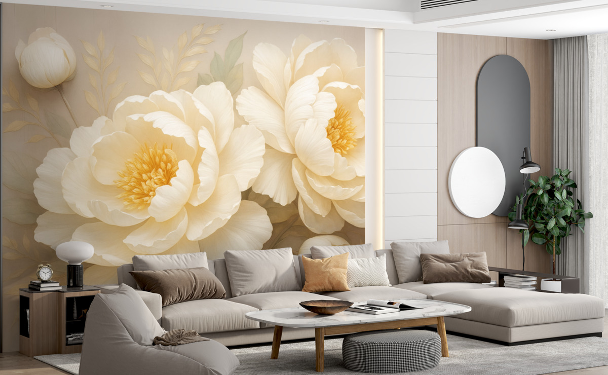 Fototapeta Kwitnące kwiaty piwonii w jasnych, beżowych odcieniach.