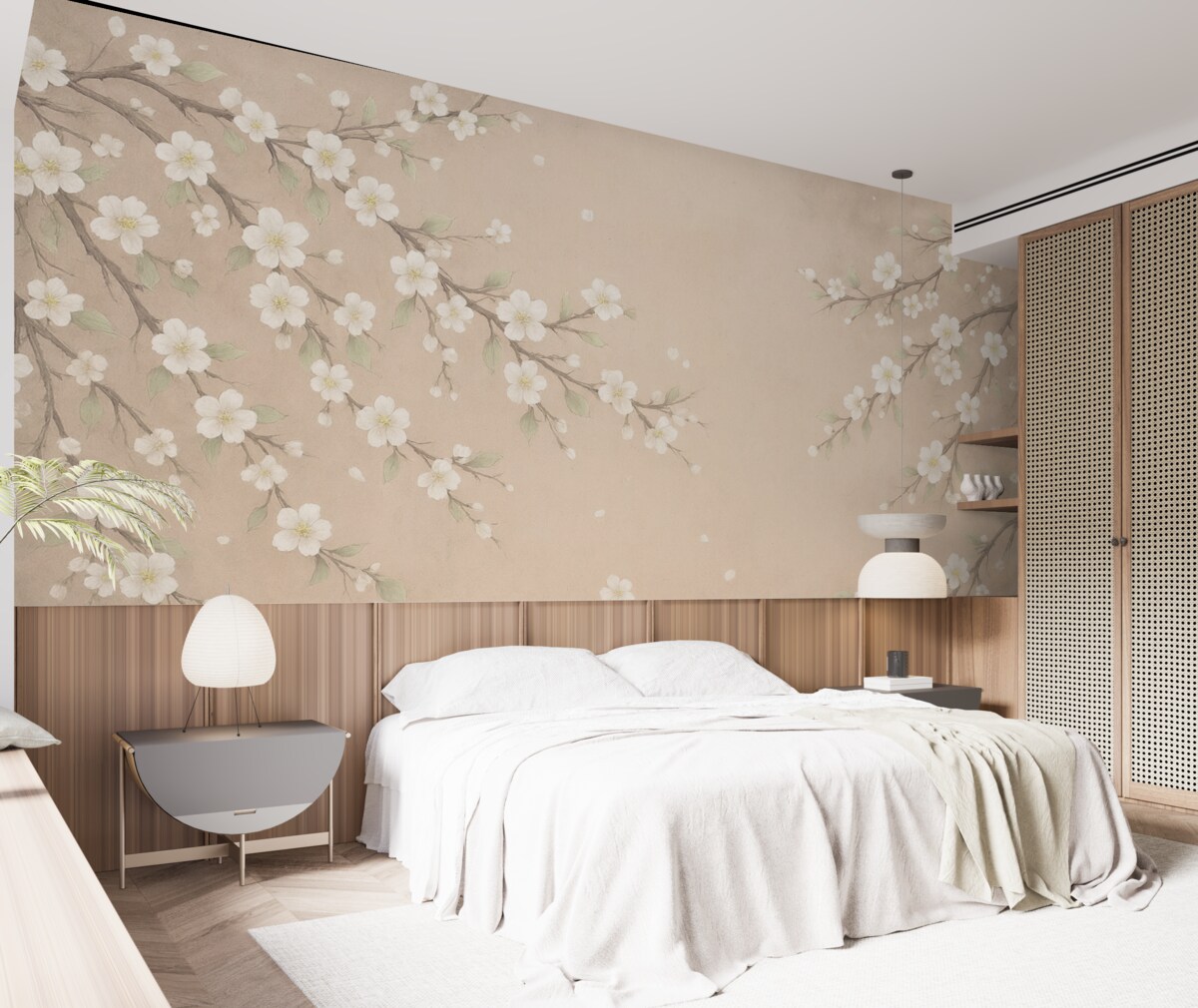 Fototapeta Kwitnąca gałązka na tle grunge'owego muru.