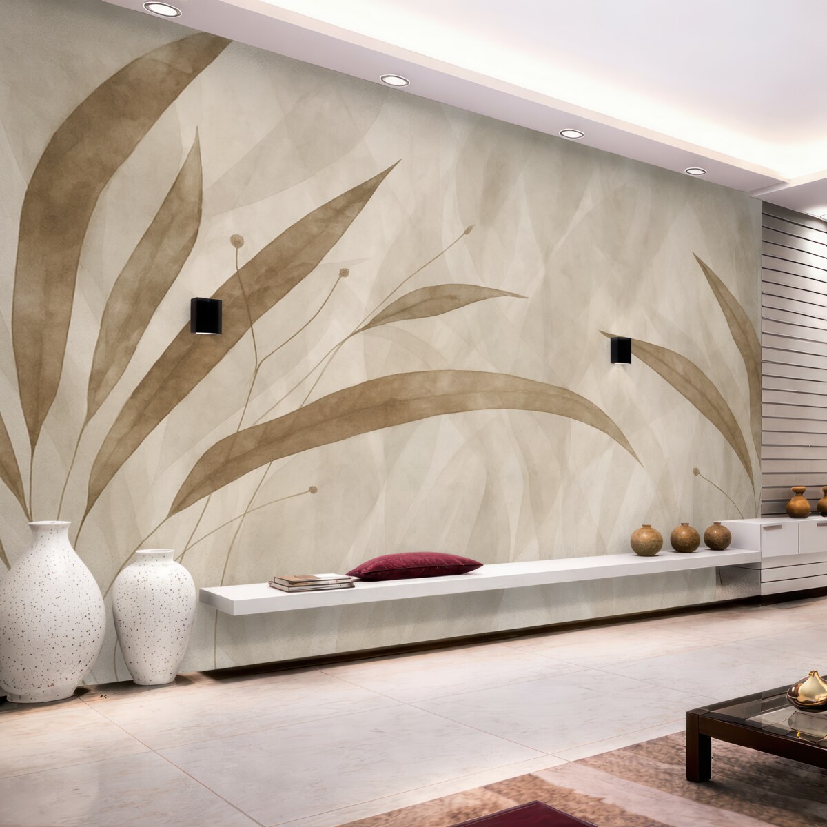 Fototapeta Styl ekologiczny, rośliny na tle o fakturze i różnorodnych odcieniach beżu.