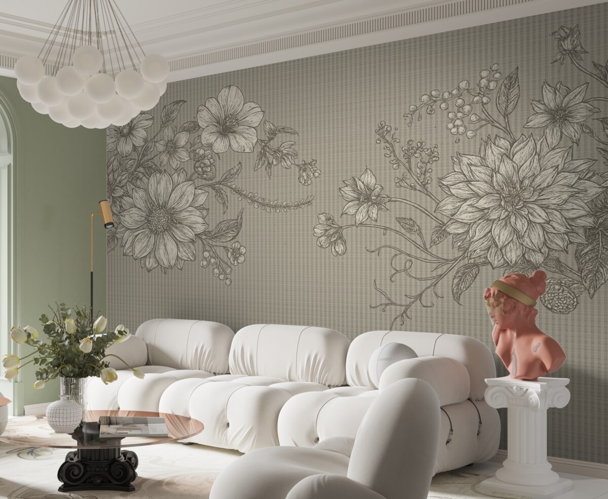 Fototapeta Kwiaty graficzne na matowej powierzchni w tonacjach beżowych.