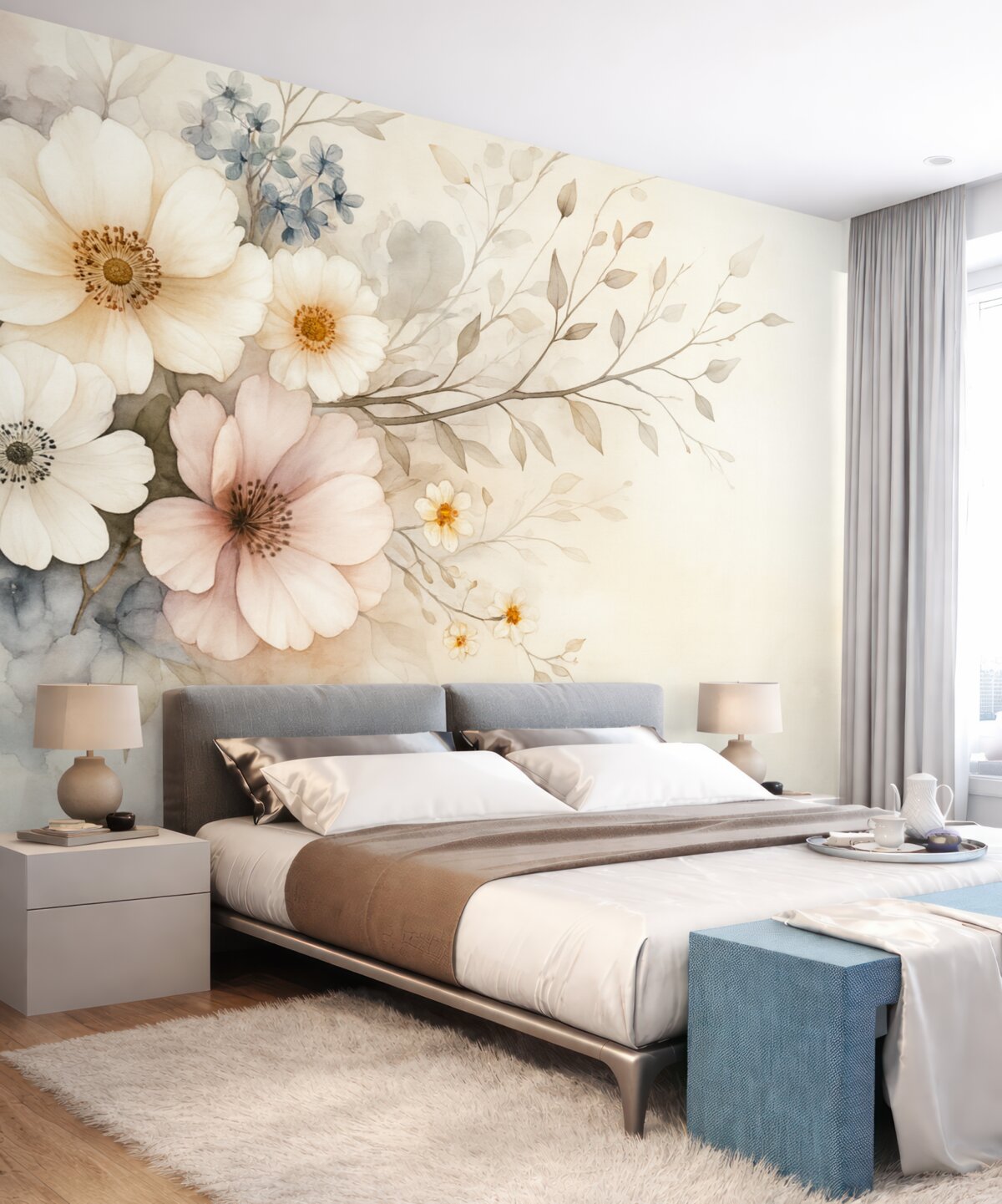 Fototapeta miękkie kwiaty i gałązka w technice akwarelowej