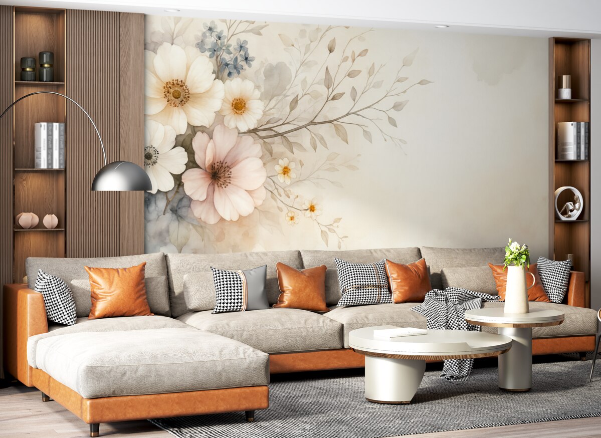 Fototapeta miękkie kwiaty i gałązka w technice akwarelowej