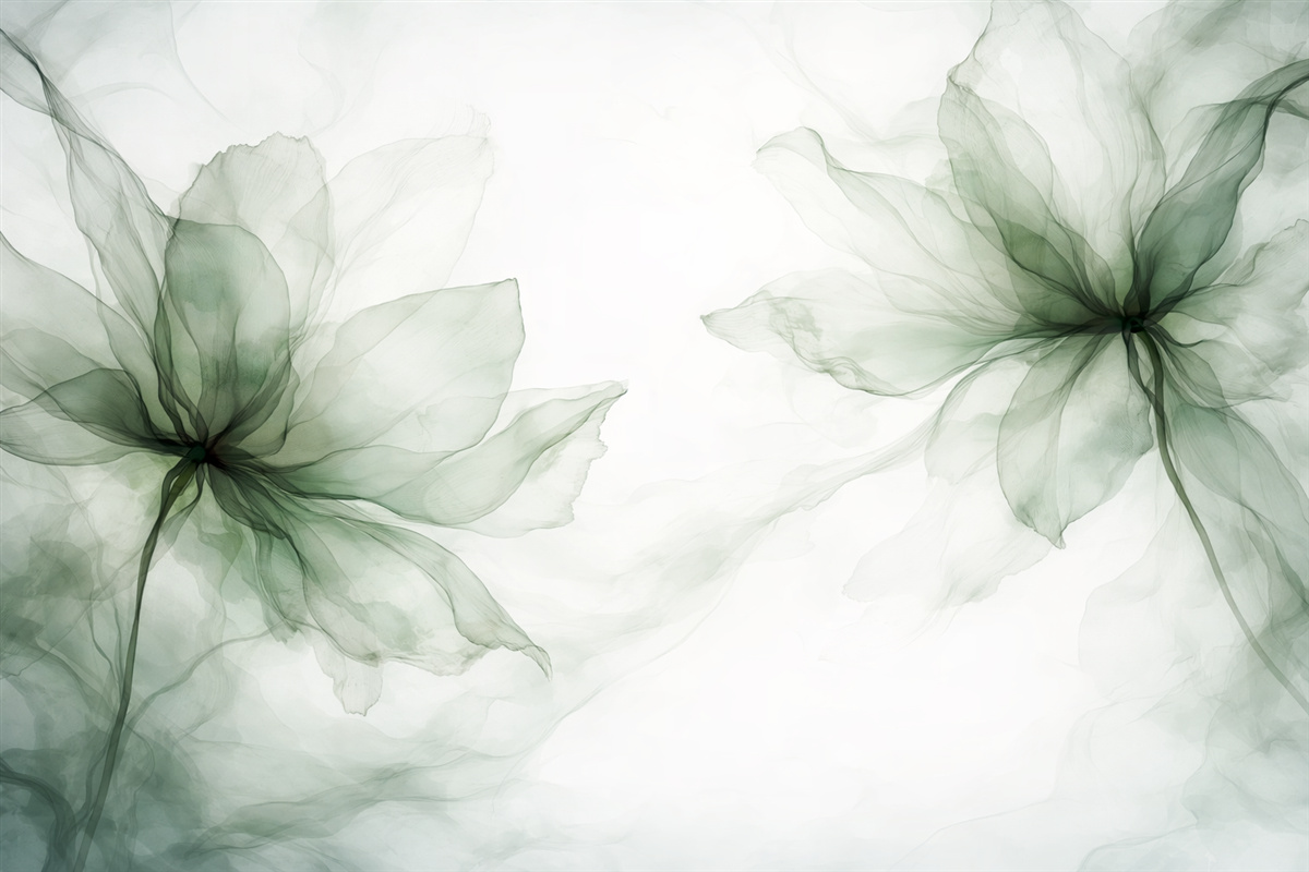 Fototapeta Kwiaty w płynnej formie, kwiatowa awangarda, akwarela, zielona gama barw.