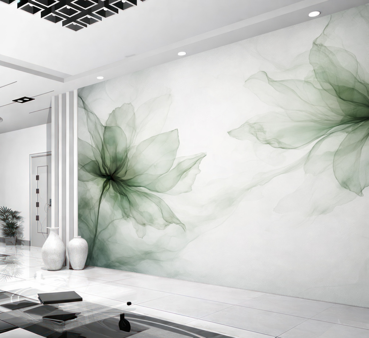 Fototapeta Kwiaty w płynnej formie, kwiatowa awangarda, akwarela, zielona gama barw.