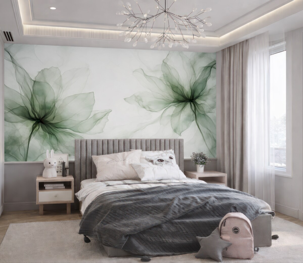 Fototapeta Kwiaty w płynnej formie, kwiatowa awangarda, akwarela, zielona gama barw.