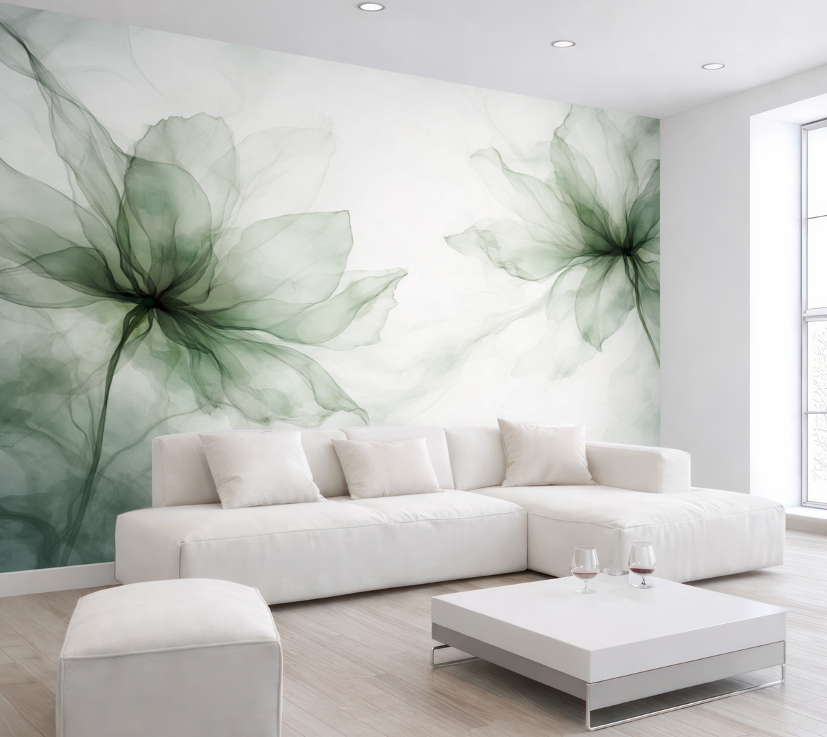 Fototapeta Kwiaty w płynnej formie, kwiatowa awangarda, akwarela, zielona gama barw.