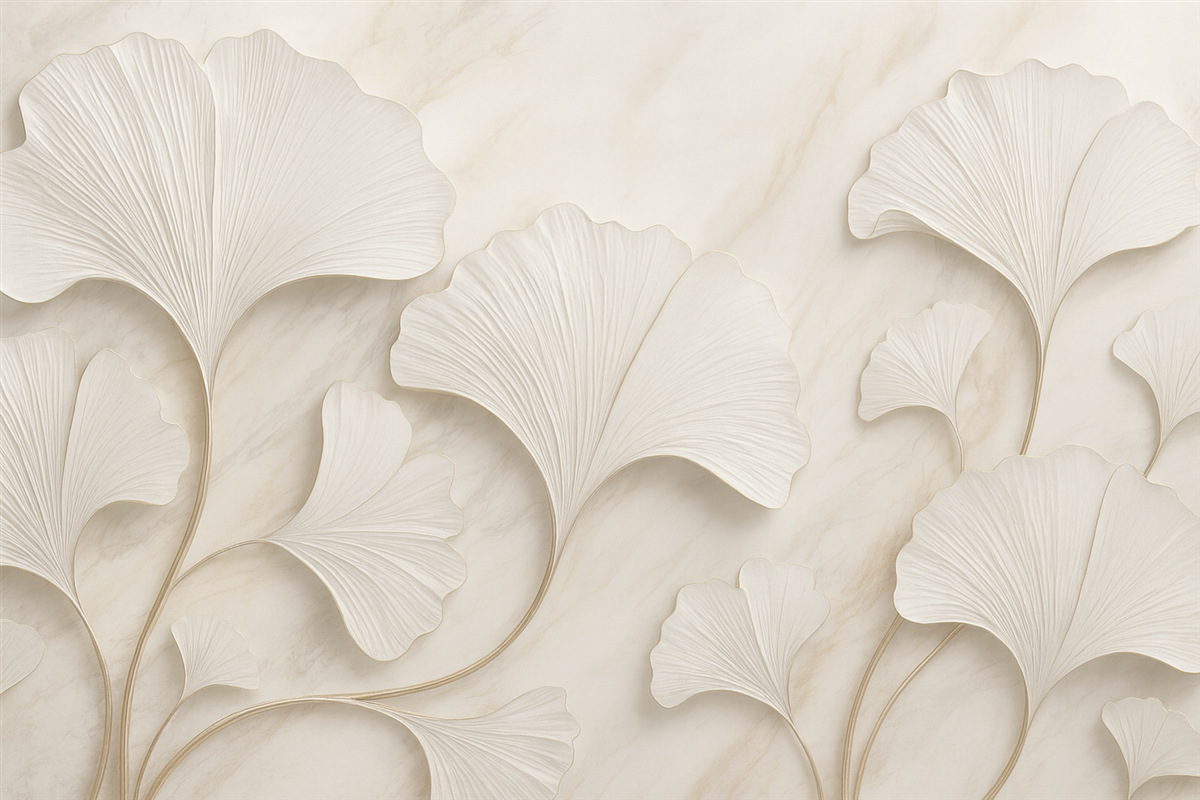 Fototapeta Pastelowe liście na marmurowym podłożu.