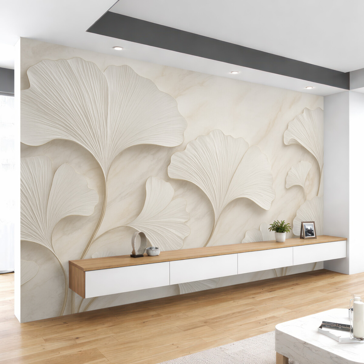 Fototapeta Pastelowe liście na marmurowym podłożu.