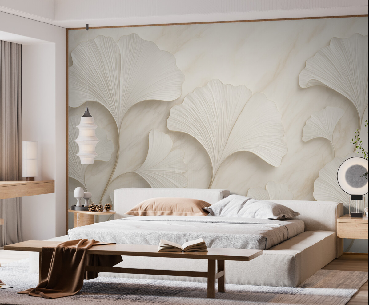 Fototapeta Pastelowe liście na marmurowym podłożu.