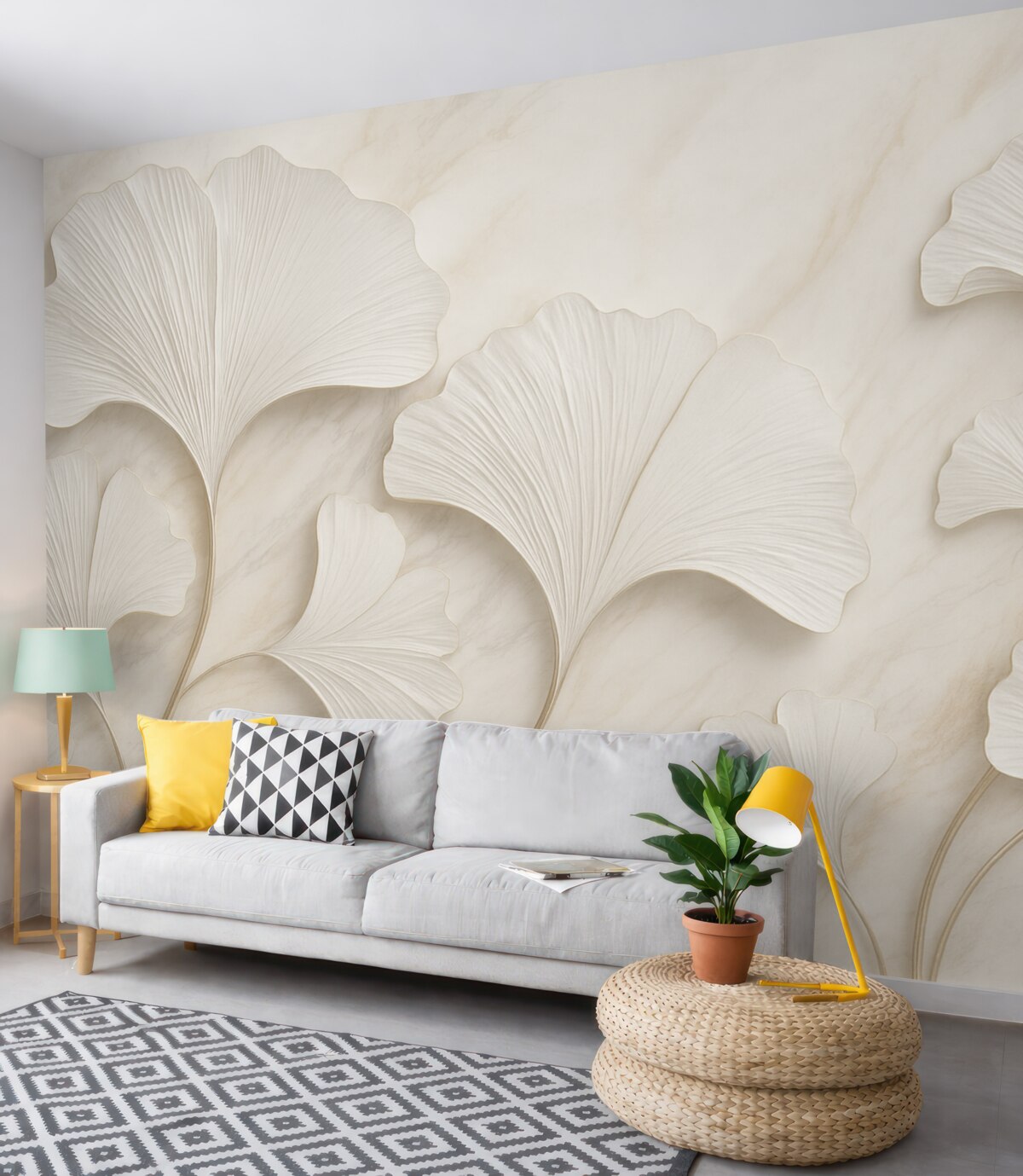 Fototapeta Pastelowe liście na marmurowym podłożu.