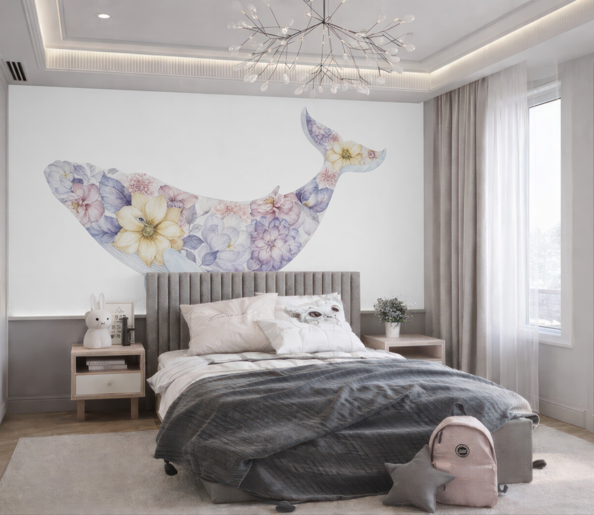 Fototapeta Urokliwy wieloryb z akwarelowymi roślinami, morska fauna, barwna.